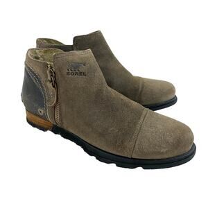 Sorel Taupe Suede Flat Ankle Bootie Sz 8.5 Side Zip Intentional Distressed Look